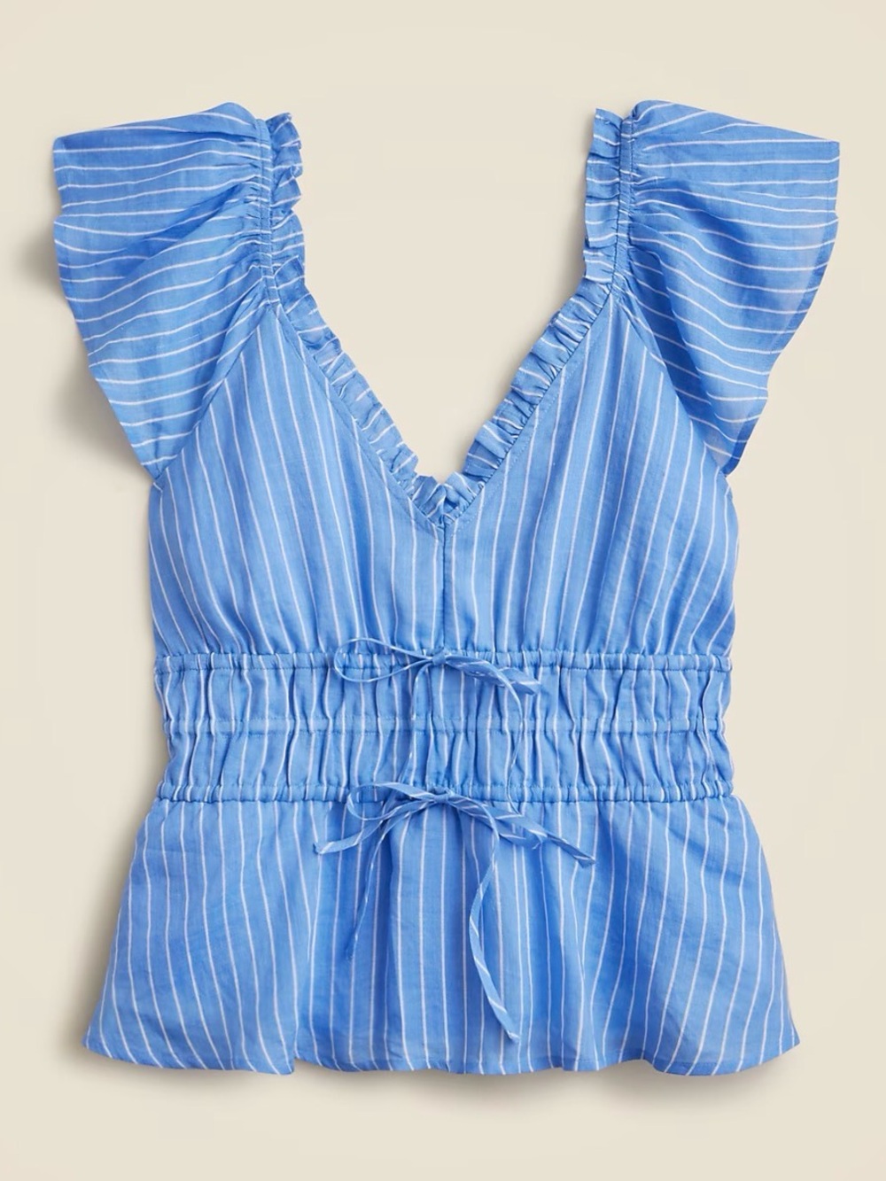 J. Crew Palermo top in ramie Blue Striped Ruffle Sleeve Peplum
